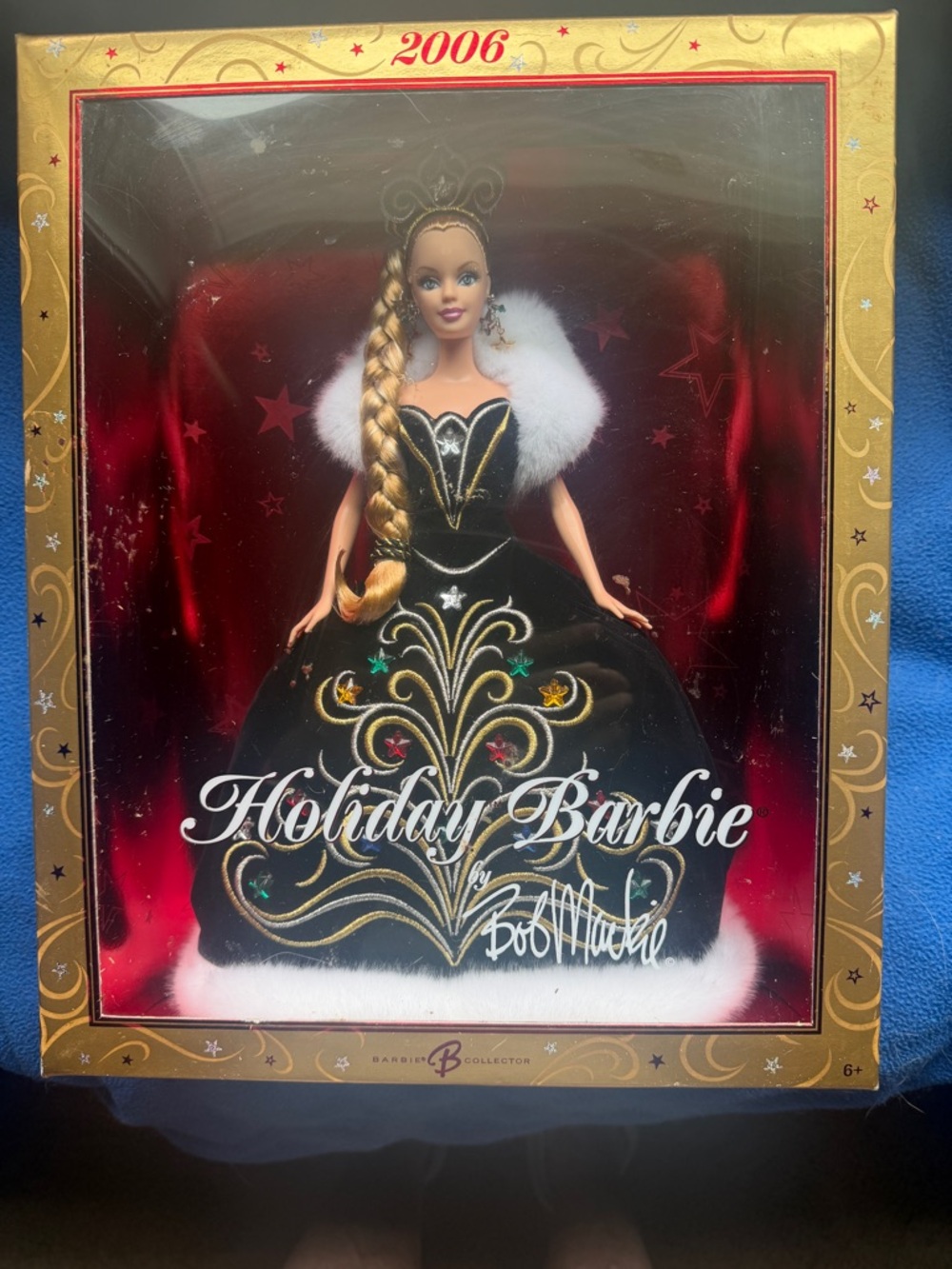 Bob Mackie Holiday Barbie in Black and Gold Velvet Gown with White Trim 2006